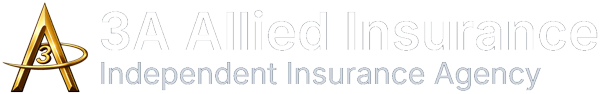3A Allied Insurance logo, gold "A3" mark beside light gray text reading "3A Allied Insurance, Independent Insurance Agency" for dark backgrounds.