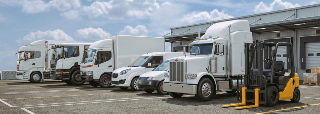 A mixed fleet of vans, a box truck, and a semi truck parked at a warehouse loading dock beside a forklift, the vehicles Commercial Auto Insurance covers.