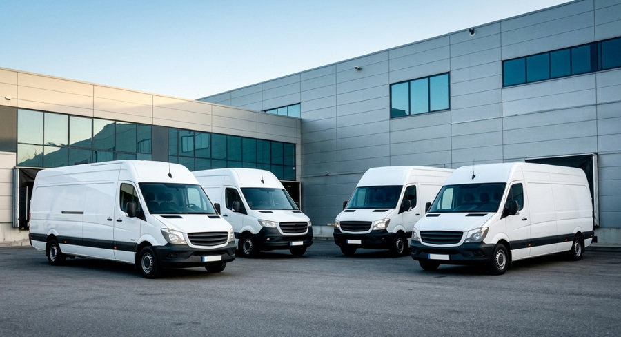 Four white delivery vans parked at a warehouse loading bay, the business vehicles 3A Allied Insurance covers under Commercial Auto Insurance Florida.