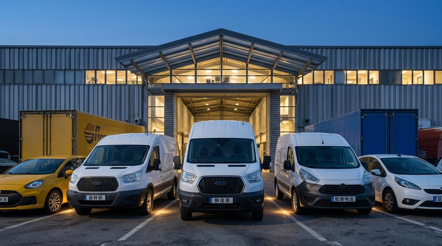 A row of commercial vans and a car parked at night outside a lit warehouse entrance, the type of vehicles insured under Commercial Auto Insurance Florida.