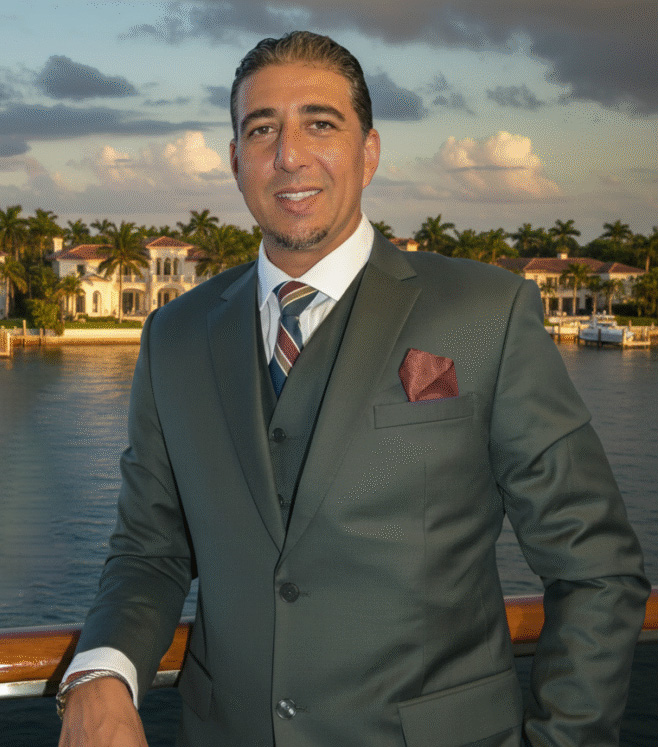 Darren Harbin, founder of 3A Allied Insurance, standing in a suit on a waterfront dock with Florida homes and palm trees in the background at sunset