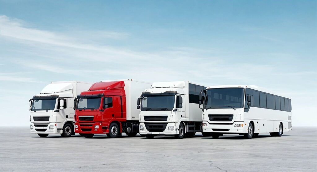 Three commercial trucks and a passenger bus lined up against a plain sky backdrop, the mixed fleet 3A Allied Insurance protects with Fleet Insurance Florida.