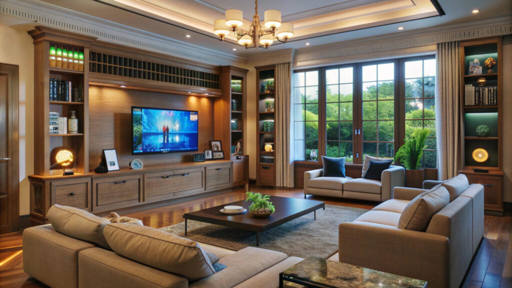 An elegant living room with built-in wood shelving, a chandelier, and garden views, the caliber of interior High Value Home Insurance is built to cover