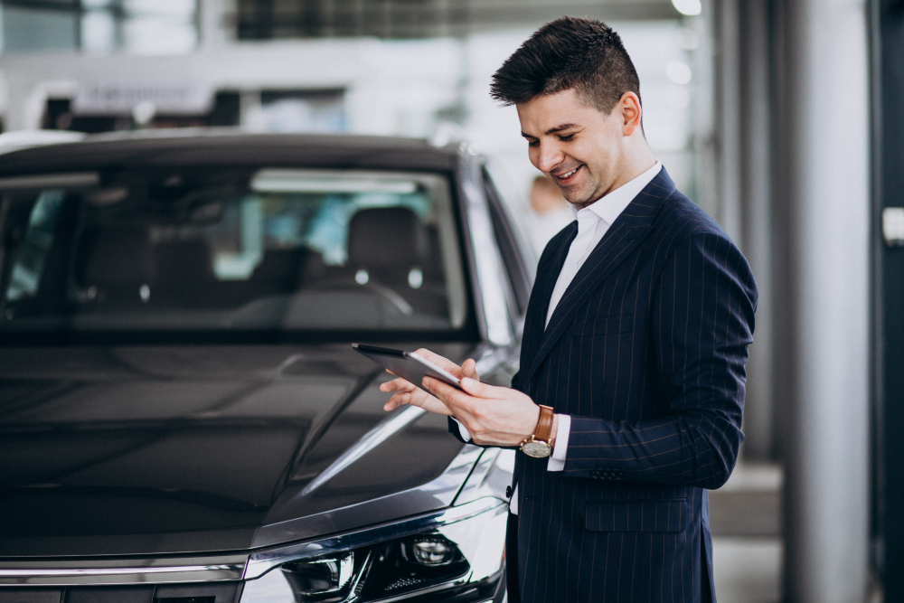 A man in a suit reviewing details on a tablet beside a new car at a dealership, the coverage decision 3A Allied Insurance helps with for Auto Insurance Florida.