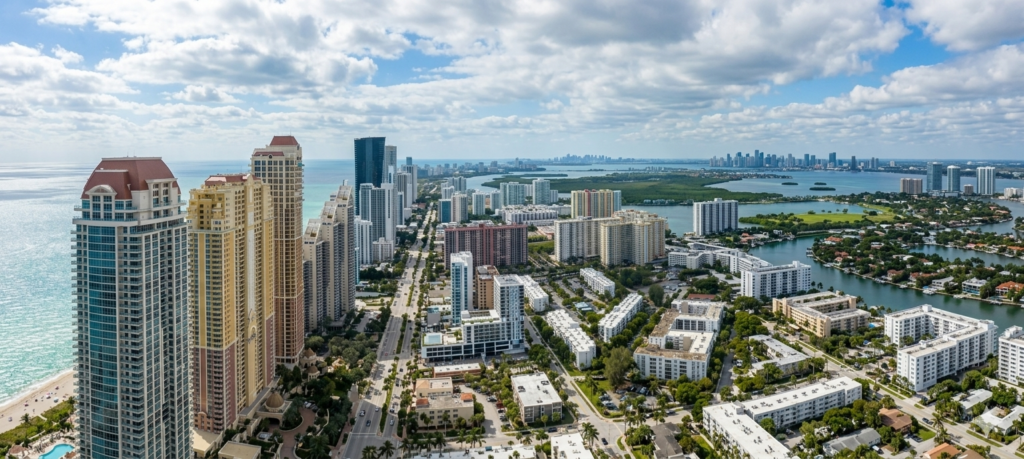 Aerial view of oceanfront high-rise condos along a Miami coastline with a canal-lined neighborhood, the property mix covered under Rental Portfolio Insurance.