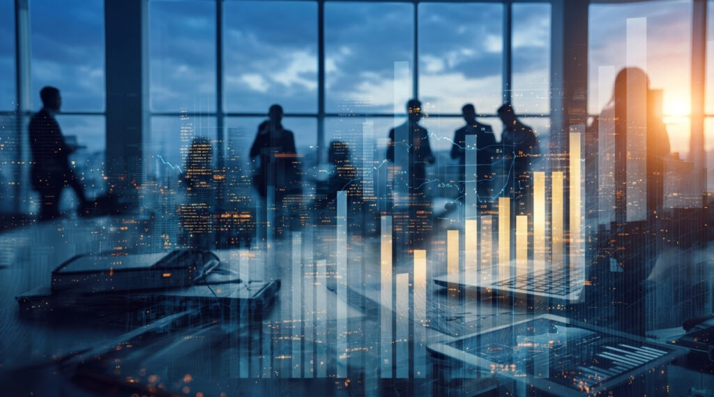 A double-exposure image of a business meeting overlaid with rising financial growth charts, symbolizing the risks Specialty Liability Coverage protects.