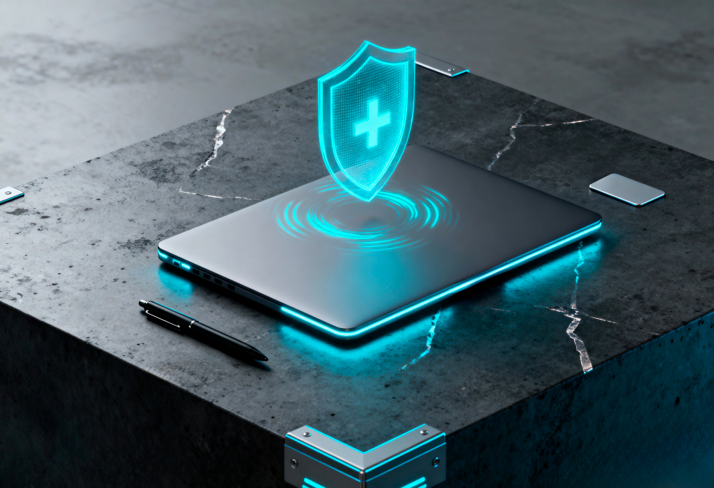 A glowing digital shield over a laptop, the cyber and hard-to-place risks 3A Allied Insurance addresses with Specialty Liability Coverage Florida.