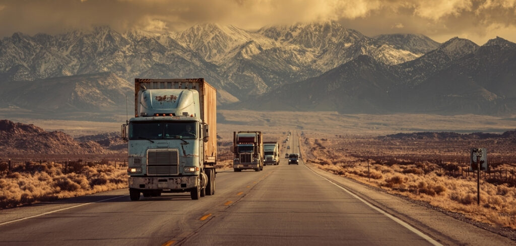 A line of semi trucks traveling a desert highway beneath snow-capped mountains, the long-haul operations Trucking Insurance Florida is built to cover.