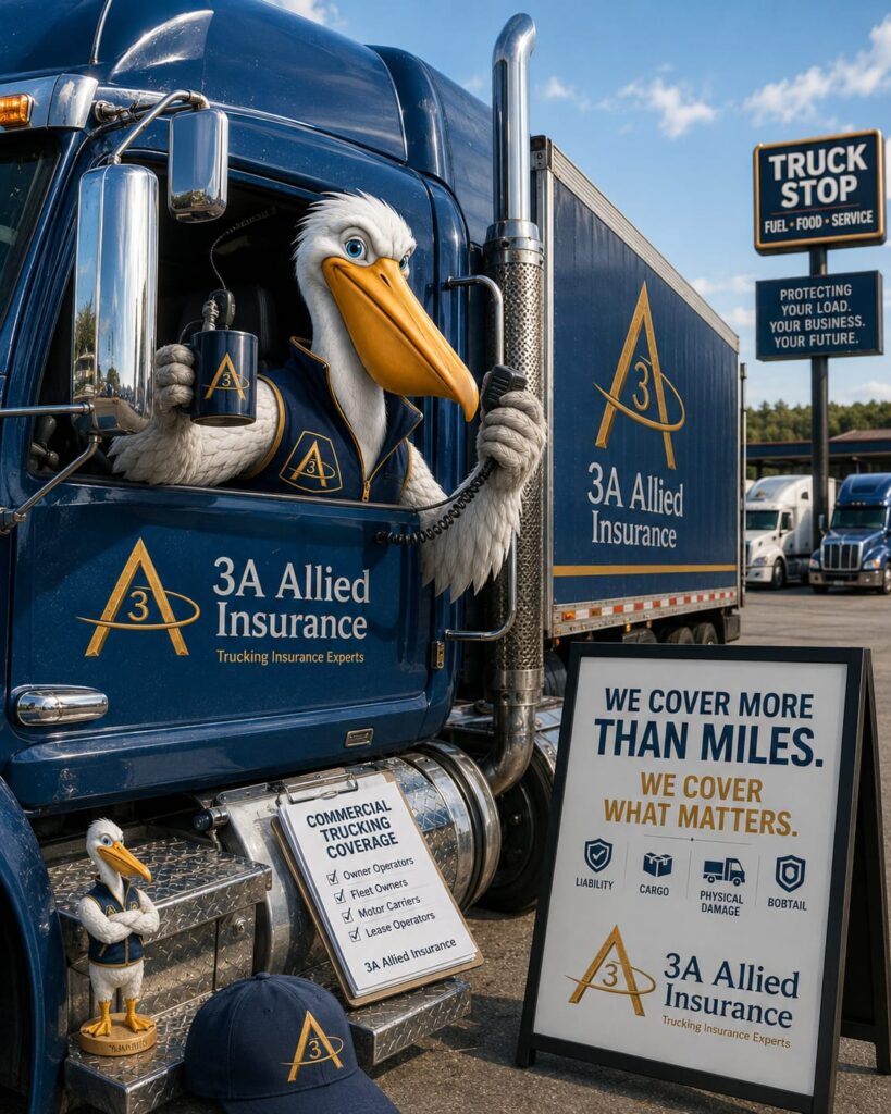 3A Allied Insurance mascot at a truck stop beside a semi-truck and roadside sign listing coverage options for Trucking Insurance Florida.