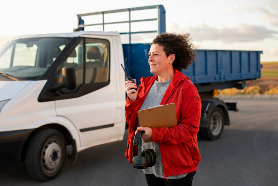 A driver in a red jacket holding a radio and clipboard beside a box truck, reflecting the daily operations covered by Trucking Insurance Florida.