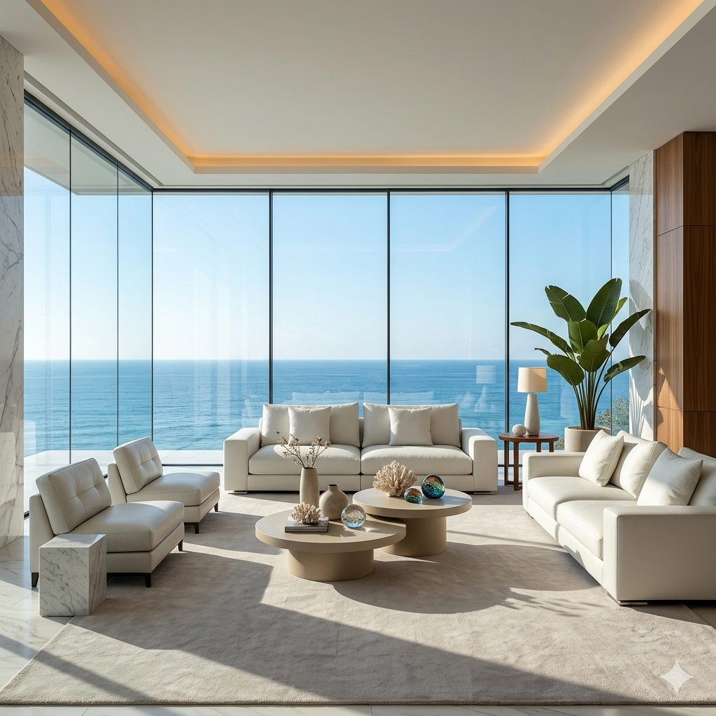 A modern living room with glass walls overlooking the ocean, the oceanfront home 3A Allied Insurance covers with Waterfront Property Insurance Florida.