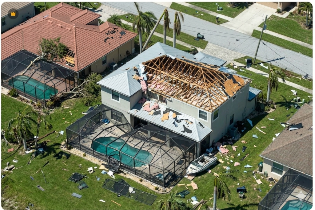 Aerial view of a home with its roof torn open to exposed trusses, insulation, and a boat blown into the pool enclosure, the risk Wind Insurance Florida covers.