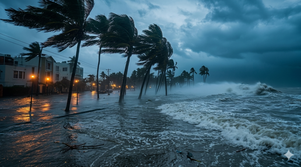Hurricane-force winds bending palm trees along a flooded coastal street at dusk, with waves crashing nearby, the storm risk Wind Insurance Florida covers.