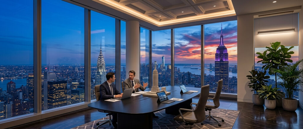 Two business executives in a high-rise office reviewing plans at sunset with a city skyline behind them, the workplace Workers Compensation Insurance covers.