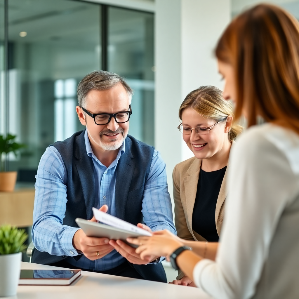 An insurance agent reviews a client's policy details on a tablet with two colleagues in a bright office, reflecting the free policy review offer.