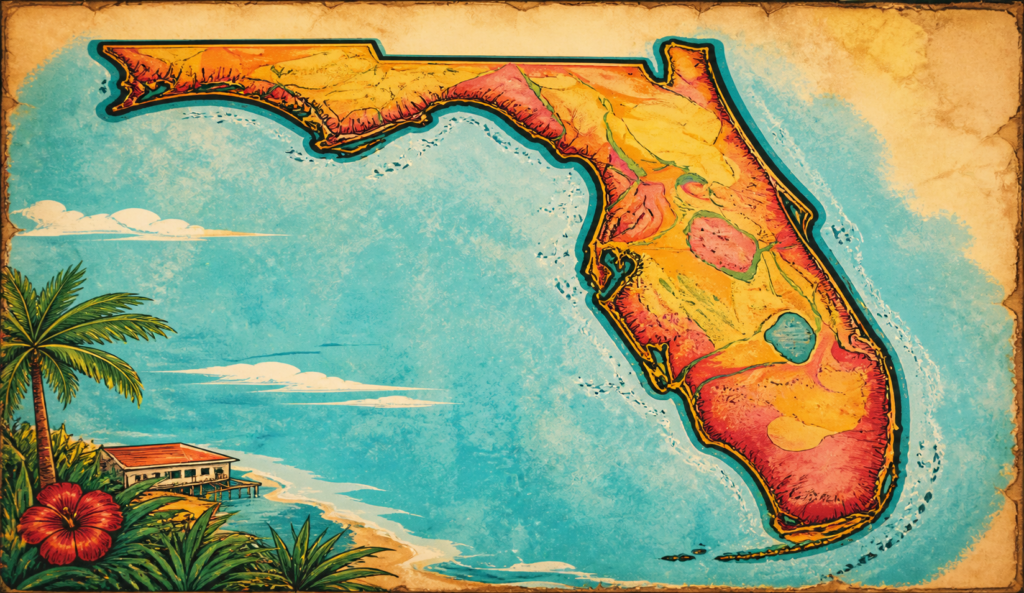 Illustrated vintage-style map of Florida with a coastal home and palm trees, showing statewide Florida Insurance coverage areas from 3A Allied Insurance