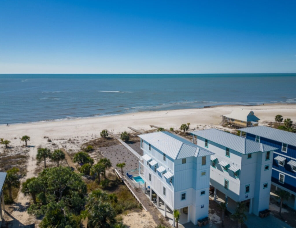 Elevated beachfront homes overlooking the Gulf of Mexico near Port St. Joe and Cape San Blas, the coastal exposure Gulf County Insurance is built for.