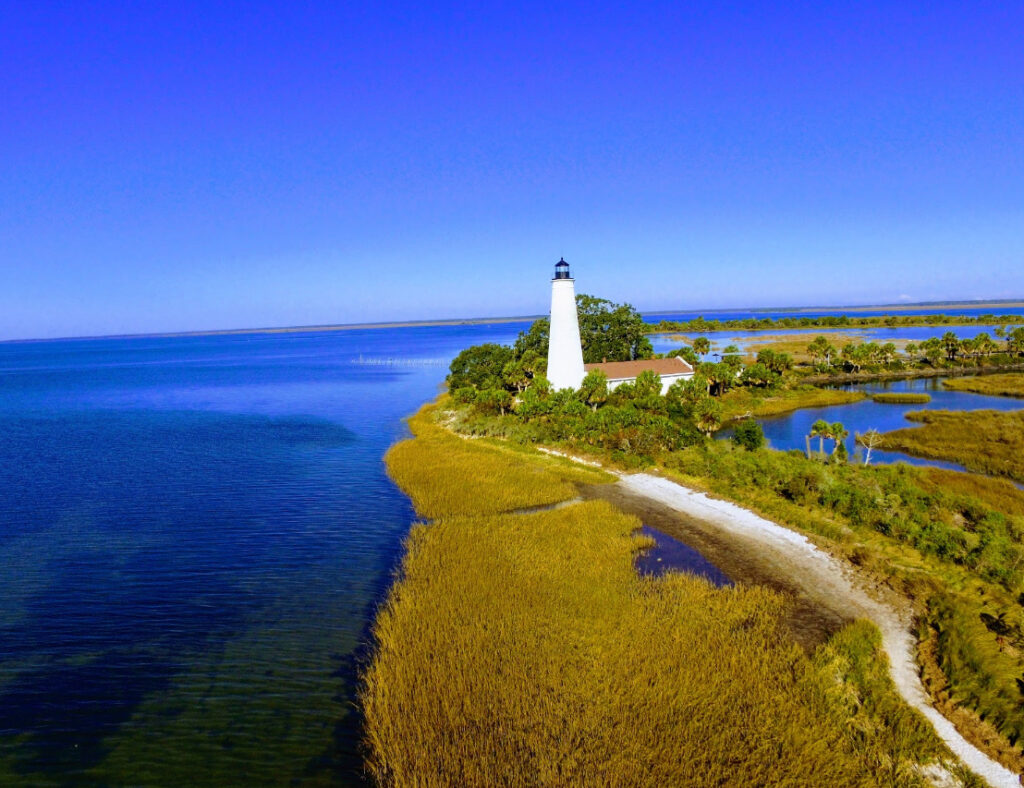 A lighthouse on the Gulf Coast marshland of Wakulla County, the waterfront exposure 3A Allied Insurance covers with Wakulla County Insurance.