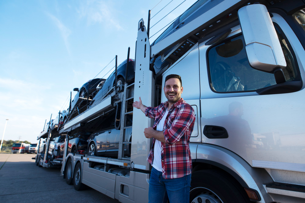 A driver stands proudly beside a loaded car-hauler truck, reflecting the Commercial Auto & Trucking Insurance coverage 3A Allied provides for Florida fleets.