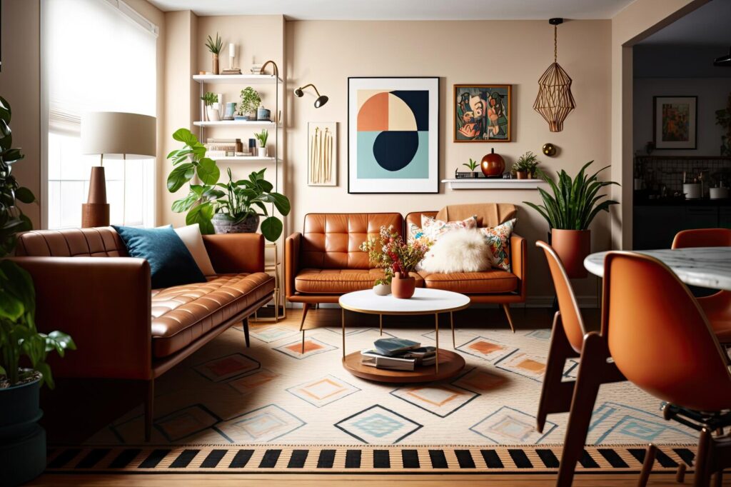 A warm, modern living room with leather sofas and framed art, the everyday home 3A Allied Insurance protects with Homeowners Insurance Florida.