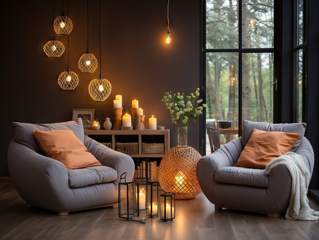 A dim, candlelit living room with grey armchairs, string lanterns, and glowing pendant lights, the kind of home Homeowners Insurance Florida protects.