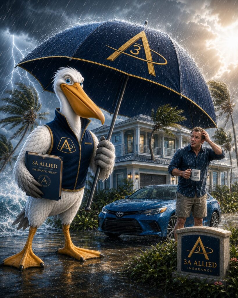 3A Allied Insurance's branded pelican mascot holds an umbrella over a Florida waterfront home and car during a storm, symbolizing Insurance Solutions Florida.