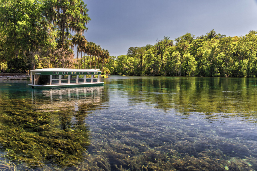 A glass-bottom tour boat glides across a clear spring lined with cypress trees, representing the North Central Florida Insurance coverage 3A Allied provides.